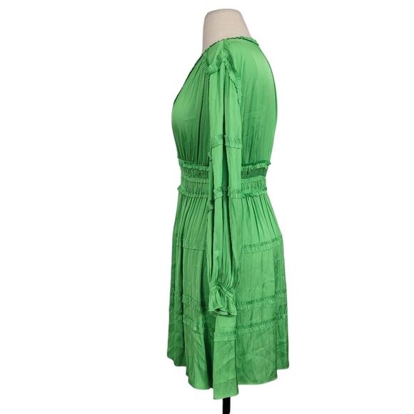 Maje Satin Pleated Mini Dress Sz 34 XS Ruffled Smocked V Neck Long Sleeves Fairy - Picture 4 of 13